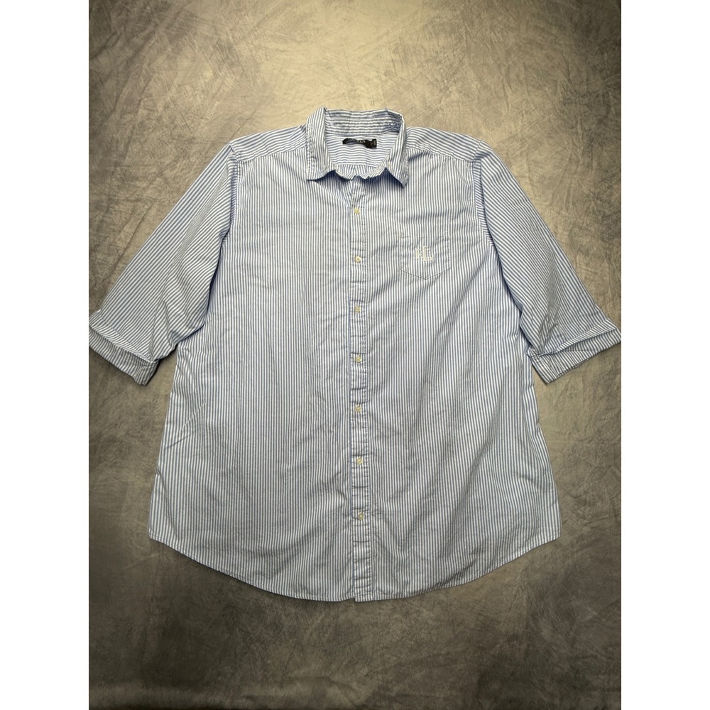 LRL Ralph Lauren Blue‎ Striped Button Down Shirt womens sz 2X preppy coastal